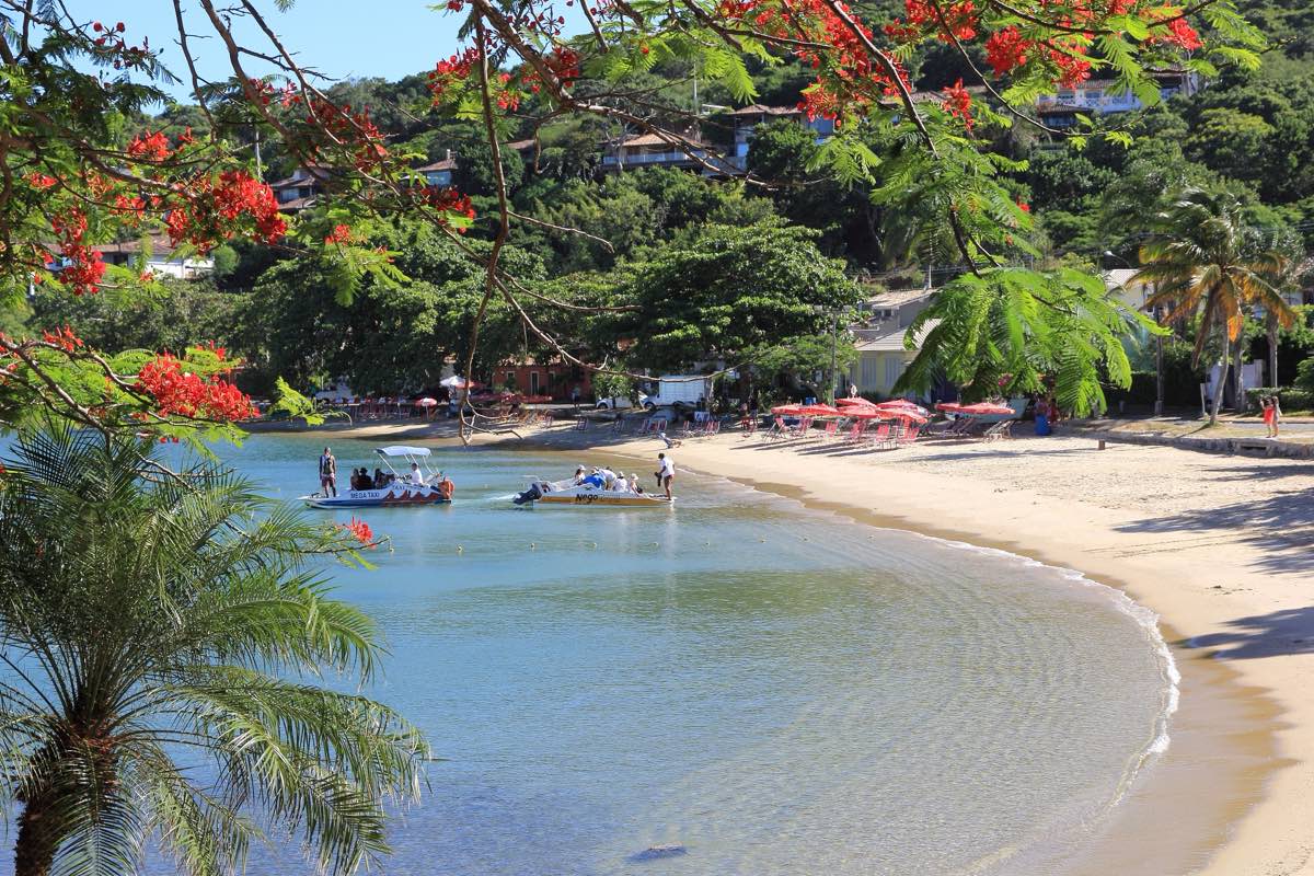 Praia dos Ossos, em Búzios, com faixa de areia em curva, guarda-sóis vermelhos, barcos-táxi na água calma e transparente e galhos de flamboyant em flor emoldurando a cena.