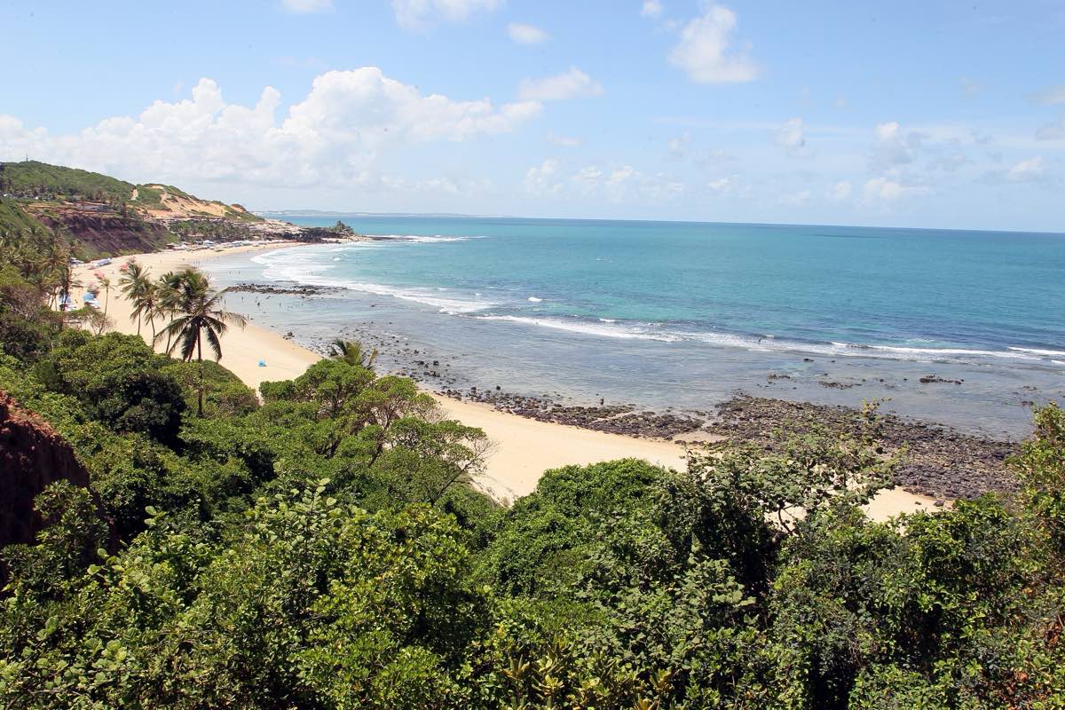 Praia do Amor vista do alto, com coqueiros, areia clara e mar azul-turquesa em Pipa
